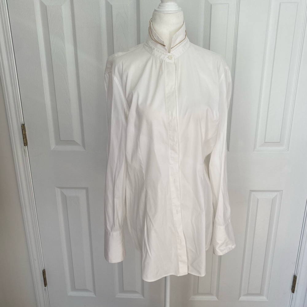 Brunello Cucinelli- white Button Down With High Collar and Gold Trim - Picture 2 of 11